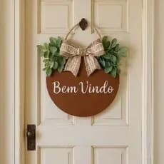 Placa porta de entrada bem vindo cor madeira guirlanda Farmhouse porta
