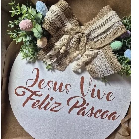 Guirlanda de Páscoa Jesus Vive Feliz Páscoa 25cm Branca