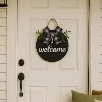 Placa para porta de entrada flâmula redonda madeira BEM VINDO WELCOME estilo Pinterest
