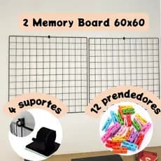 Porta Fotos Memory Board Tela para Quadro da Atração kit 2 grades 60x60 + Prendedor e Suporte para Parede adesivo