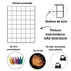 Memory Board Com Suporte E Mini Prendedores Coloridos e Led  Decoração de Parede