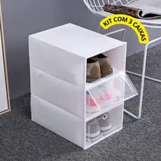 Kit com 03 Caixas Organizadoras Para Sapatos Tênis Empilhável Tampa Flip Organização