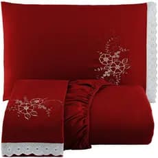 Jogo de Lençol Roupa de Cama Casal Queen Bordado Com Elástico Vermelho