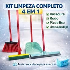 Kit Limpeza 4 Peças com Cabo Vassoura Rodo grande 40cm Pá de Lixo Grande Limpa Azulejo Multiuso Casa