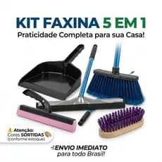 Kit Limpeza 5 Peças Cozinha Vassoura Com Cabo Rodo Grande 40cm e Pia Pá Escova Lava Tenis com Cabos