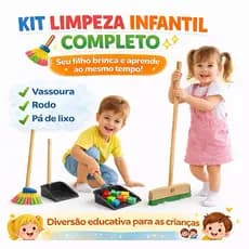 Kit Limpeza Infantil Brinquedo Educativo Vassoura Rodo Pá de Lixo Faz de Conta Criança Inmetro