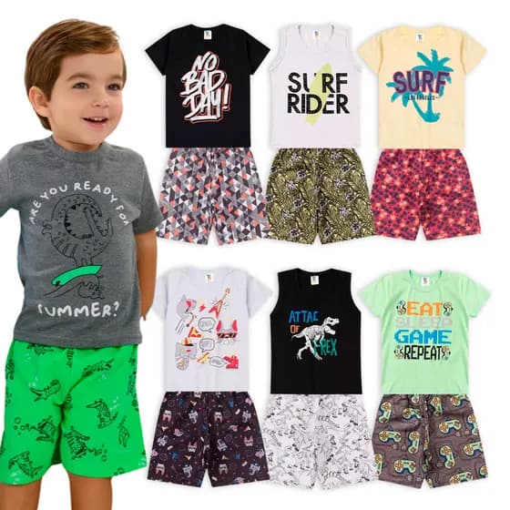 Kit Conjunto Verão Menino Infatil até 10 Peças 5 Short e 5 Camisetas Infantil Masculino Calor
