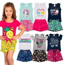 Kit Conjuntos Sortidos 10 Peças | 5 Shorts + 5 Camisetas Infantil Juvenil Verão Calor Menina Feminino