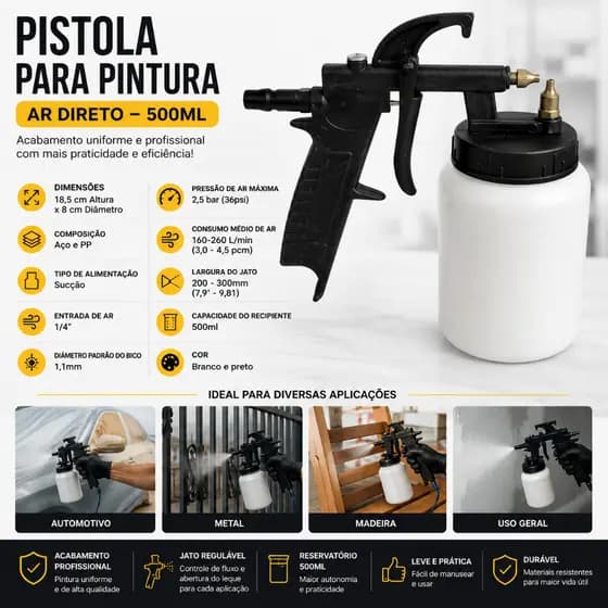 Pistola Pintura Ar Direto Comprimido 500ml Pulverizadora Profissional Carro Parede Artesanato Madeira