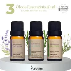 Kit 3 Óleos Essenciais Iniciante Via Aroma - Lavanda, Alecrim e Tea Tree
