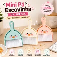 Kit Mini Vassoura e Pá com Carinha – Limpeza de Mesa, Escritório, Gavetas e Pequenos Espaços
