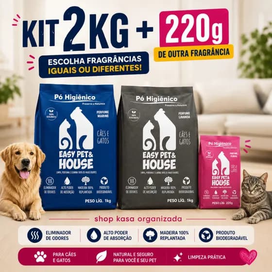Kit 2 Pó Higiênico Easy Pet House 1kg + 220g Sortido Cães e Gatos Elimina Odores