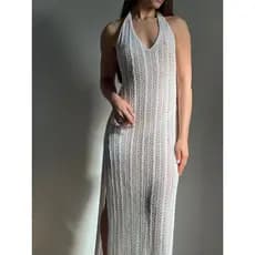 Saida de Praia Trico Vestido Longo Costas Nua Com Fenda Lateral Tricô Verão