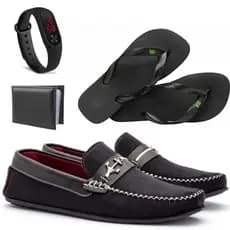 Kit 4 em 1 Mocassim masculino de camurça + chinelo + carteira e relógio