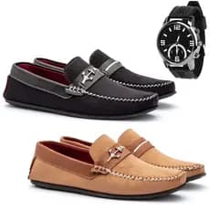 Kit 2 Pares De Mocassim Casual Masculino Conforto + Relogio Ponteiro
