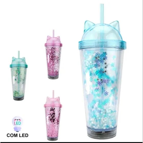 Copo Gatinho com Luz LED e Glitter – Modelo Fofo 450ml Perfeito para Presentear