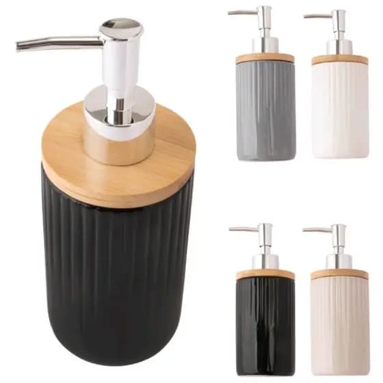 Porta Sabonete Liquido Premium para Banheiro com Dispenser 250ML Cerâmica e Bambu