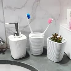 Kit 3 pçs Banheiro Lavabo Ceramica Branco Porta Sabonete Liquido + Escova de dentes + Porta algodão