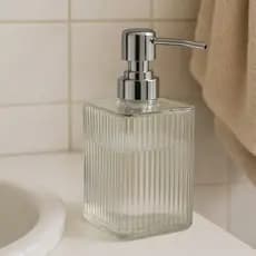 Porta Sabonete Liquido de Vidro 420ml Transparente com Dispenser Cromado para Banheiro/ Lavabo