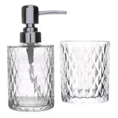Kit 2 Peças para Banheiro de Vidro Diamond - Com Porta Sabonete Liquido e Porta Escovas de Dente
