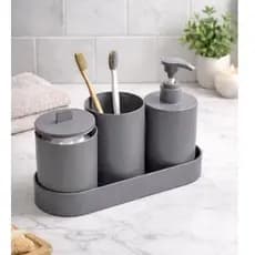 Kit Conjunto de Banheiro/ Lavabo 4 Peças Fibra de Bambu – Porta Sabonete, Escova, Algodão e Bandeja