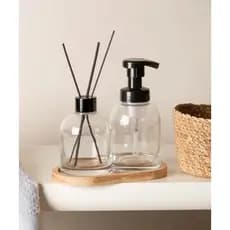 Kit Banheiro/Lavabo 3 Pçs Vidro Porta Sabonete Liquido + Difusor de Aromas + Varetas + Bandeja Bambu