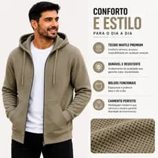 Casaco Waffle Masculino Com Zíper E Capuz Moletom De Frio Inverno Premium Casual