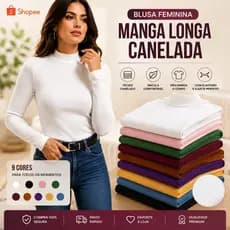 Blusa Feminina Canelada Manga Longa Gola Alta Básica Moda Inverno