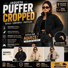 Jaqueta Puffer Cropped Feminina Veludo Cotelê Inverno Bolso Canguru Gola Alta Quentinha