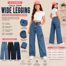 Calça Jeans Wide Leg Infantil Feminina Cargo Cintura Alta Bolsos 10 ao 16 Anos