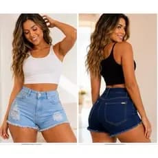 Short Feminino Jeans com Lycra Cintura Alta Shortinho Bermuda Com Bolsos
