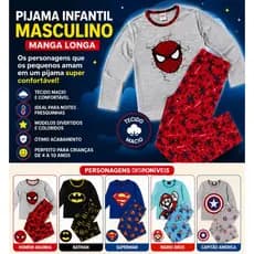 Pijama Infantil Masculino Personagens Manga Longa Inverno 4 a 10 anos
