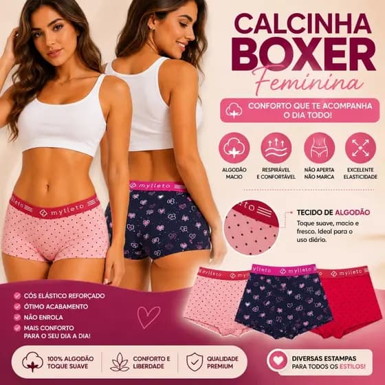 Calcinha Boxer Feminina Algodão Confortável Cueca Feminina Cotton Cós Elástico Premium