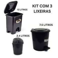 Kit 3 Lixeiras Cozinha Banheiro 7,5 Litros Redonda+ 1 Lixeira Pia 2,4 Litros + 1 Lixeira 13 Litros Quadrada Modernas