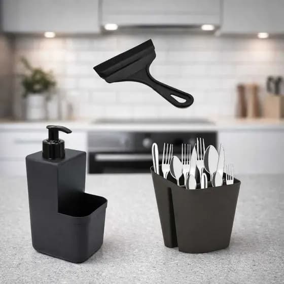 Kit Cozinha Com 3 Pecas Escorredor Porta Talheres Com Divisorias + Rodinho Pia + Porta Detergente E Esponja Dispenser