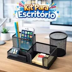 kit Para Escritorio Com  Organizador Metal 3 Divisoes + 1 Organizador Redondo Porta Treco Canetas Lapis Mesa Organizada