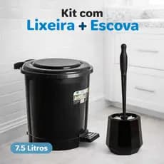 Kit Com 1 Escova Sanitaria Com Suporte Cerdas Circulares+ 1 Lixeira 7,5 Litros Redonda Preta Banheiro Lavabo Limpeza