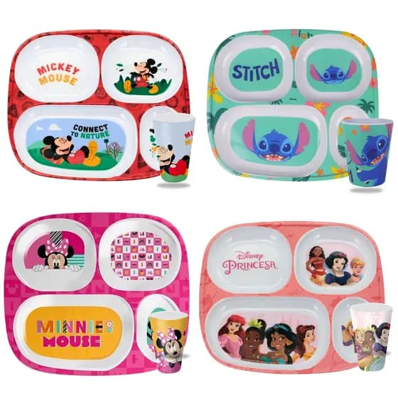 Kit Refeição Infantil Disney Mickey Stitch 2pçs Prato Divisória e Copo