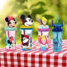Copo Mágico Infantil Disney Personagens 3D Mickey Minnie Stitch Antivazamento c/ Canudo Plástico Seguro BPA Free