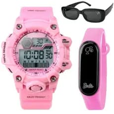 Oculos sol + relogio prova dagua digital infantil rosa led cronometro criança menina ajustavel data