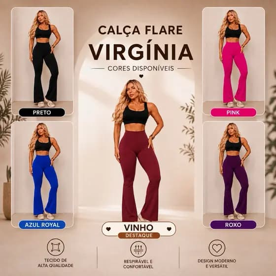 Calça Flare Feminina Cintura Alta Modelo Virgínia Academia Fitness Casual