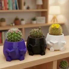 Kit 3 Mini Vasos para Cacto e Suculenta Personagem Decorativo Plástico Ecológico 6cm Branco Preto Roxo