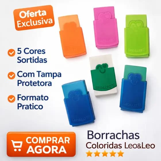Kit Borracha Escolar Colorida Capinha Plástica Leo&Leo Não Mancha Papel