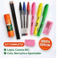 Kit Escolar Completo com Lápis de Escrever / Canetas BIC / Cola /  Borracha /Apontador / Marca Texto