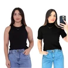 Kit Regata Preta americana e Baby Look Preta Gola Alta Blusinha Canelada