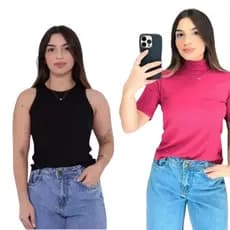 Kit Regata Preta americana e Baby Look Pink Gola Alta Blusinha Canelada