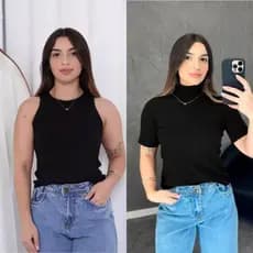 Kit Regata Preta americana e Baby Look Gola Alta Blusinha Canelada