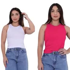 Kit 2 Regatas Branca/Pink Americana Blusinha Feminina Canelada Ribana