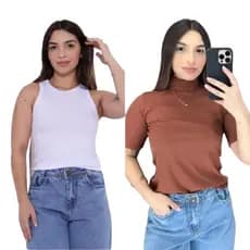 Kit Regata Branca americana e Baby Look Marrom Gola Alta Blusinha Canelada