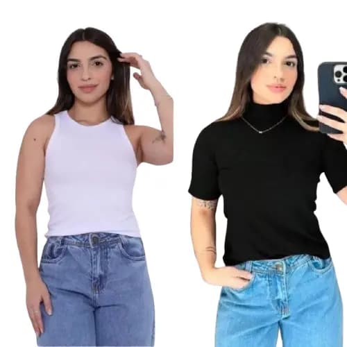 Kit Regata Branca americana e Baby Look Preta Gola Alta Blusinha Canelada